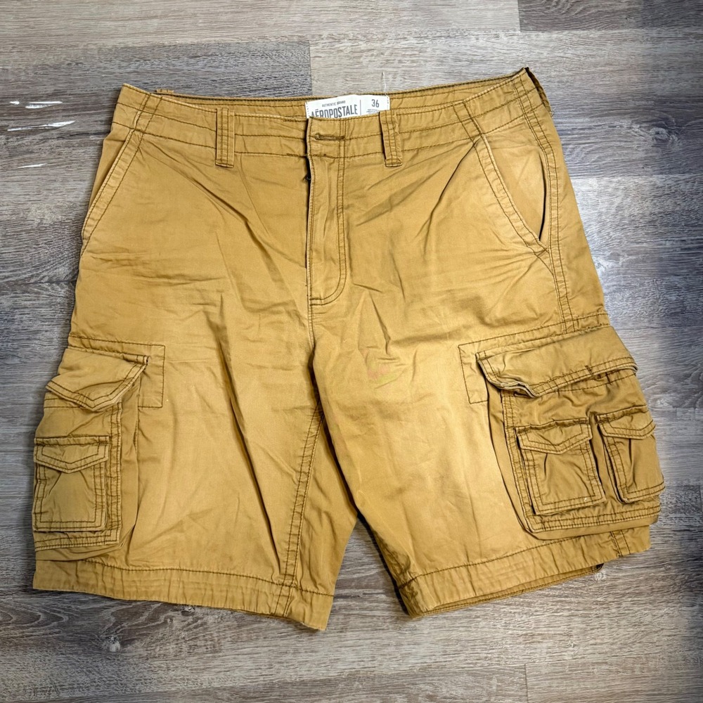 Y2K Baggy Aeropostale Mens Tan Khaki Cargo Shorts Size 36 Relaxed Fit A87 Logo